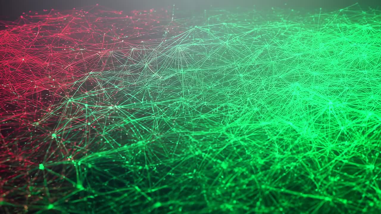 Zona verde brillante que provoca el relleno de malla a través de un plano oscuro, nodos brillantes, líneas finas rojas a la izquierda