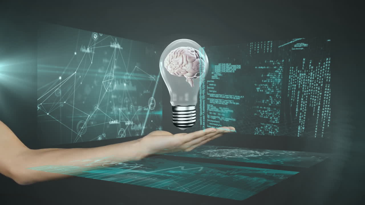 Holding light bulb with brain, hand showing animation of digital data network