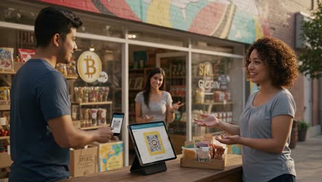 engaging transaction: customers interact over digital payment methods and qr codes in a vibrant store environment, highlighting modern shopping trends