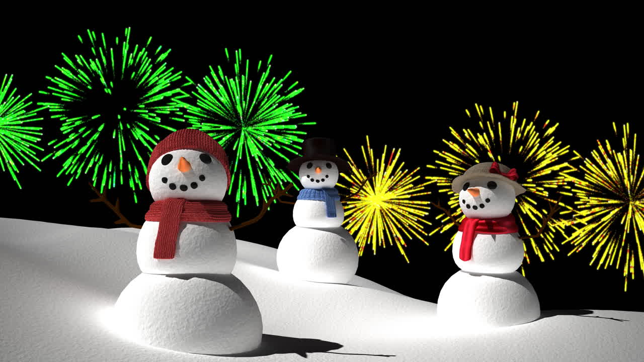 Animación de muñecos de nieve con fuegos artificiales navideños y de Año Nuevo amarillos y verdes explotando en el cielo nocturno.
