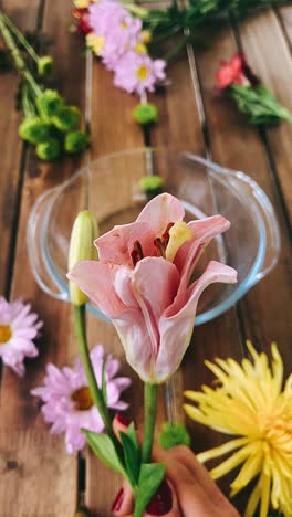 flower arrangement on a wooden table