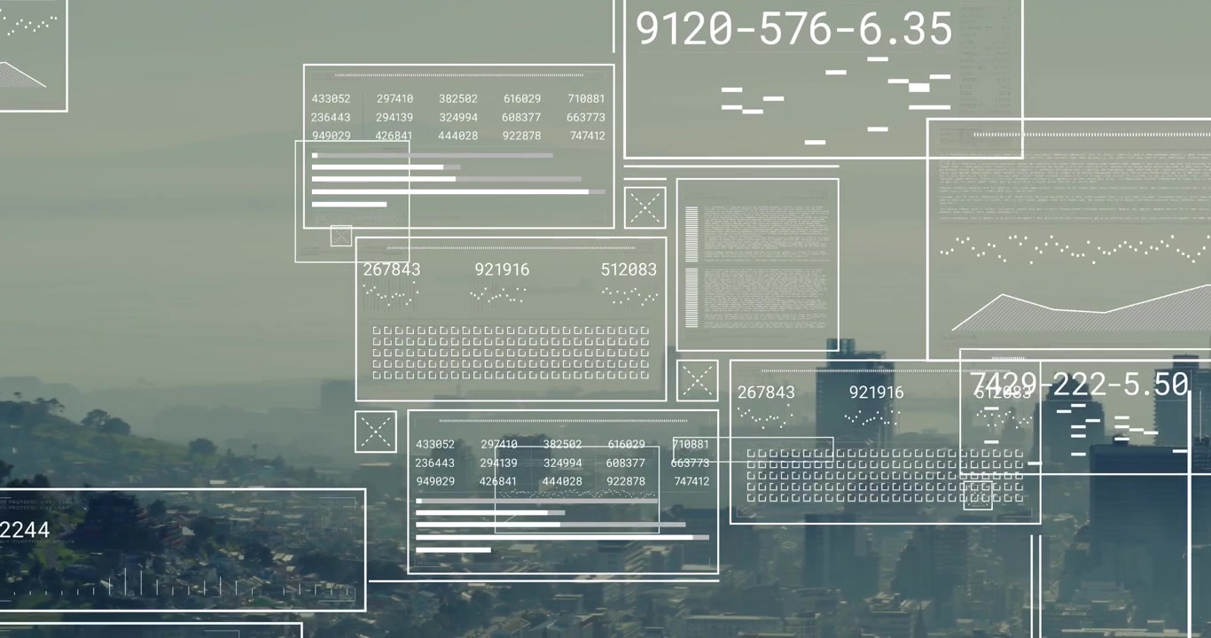 Animation of financial data processing over cityscape