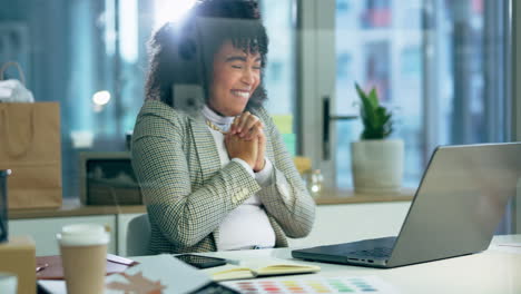business woman, winner and computer for news