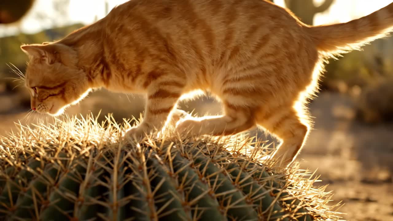 Cat walking on cactus
