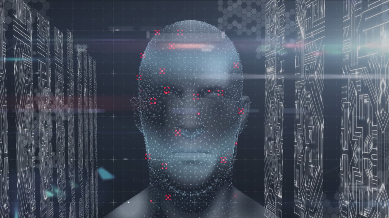 Animation of human head glowing with digital interface data processing