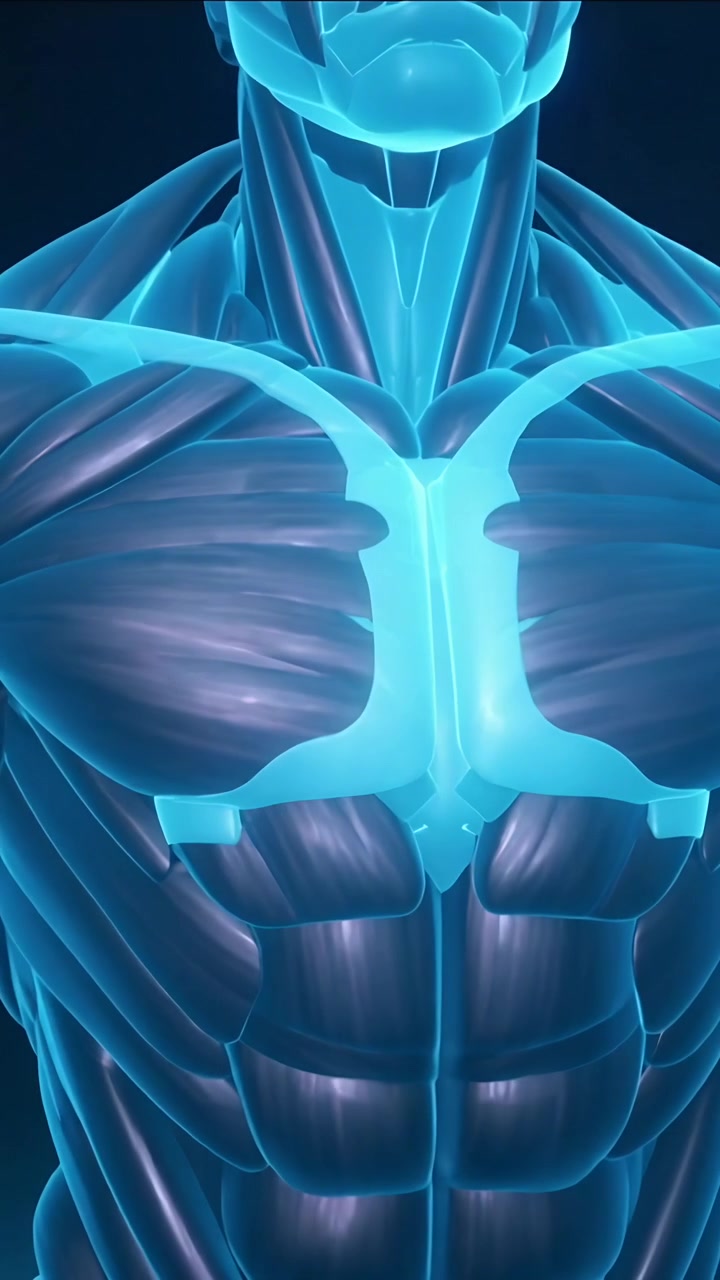 Video verticale: Vista all'indietro che mostra un modello di torso che ruota per rivelare il petto e il retto per lo studio