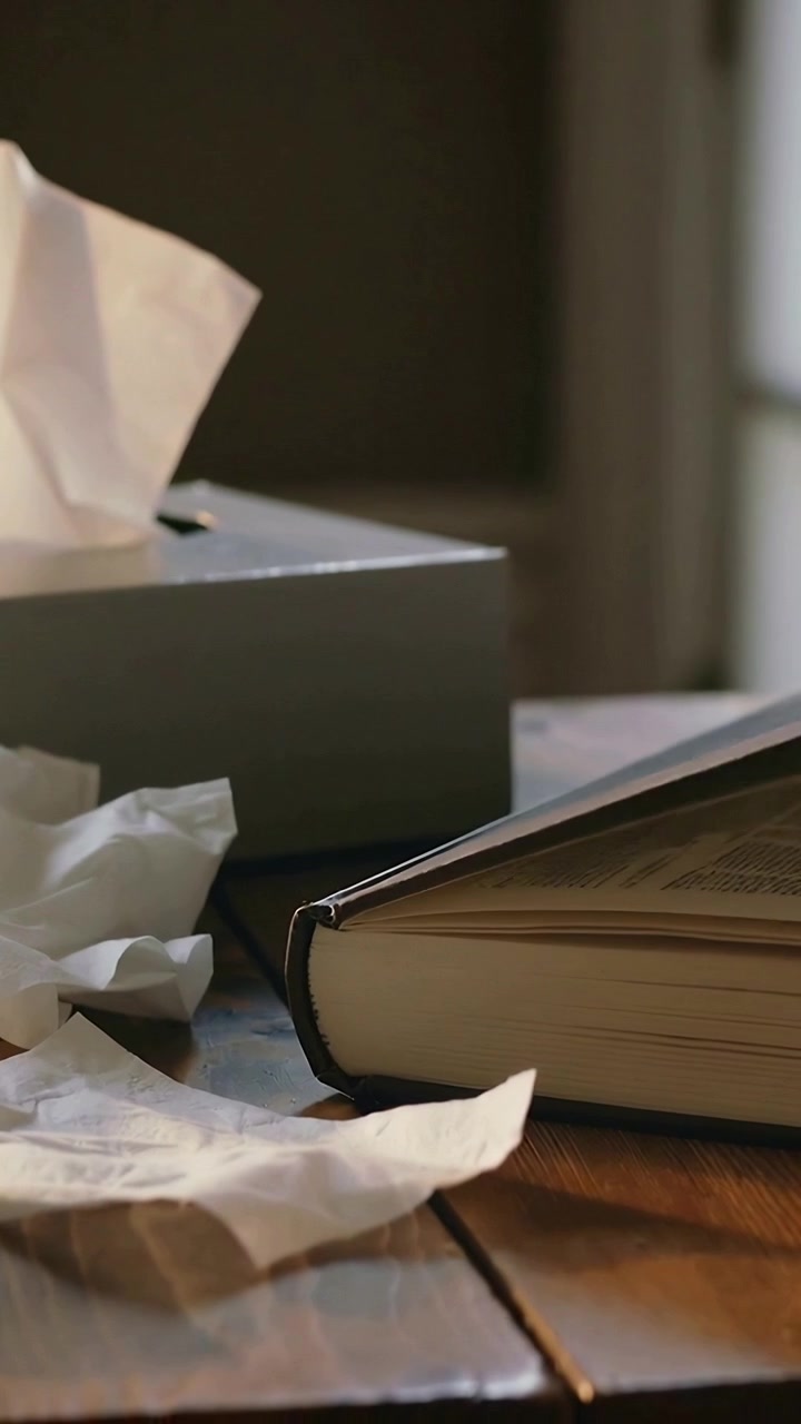 Vertical video: Breeze lifting hardback edge, pages fanning on wood table by window with tissue box