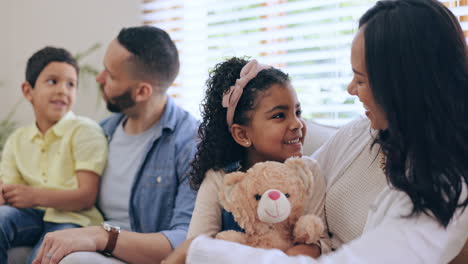 parents, laughing or mom with children in home