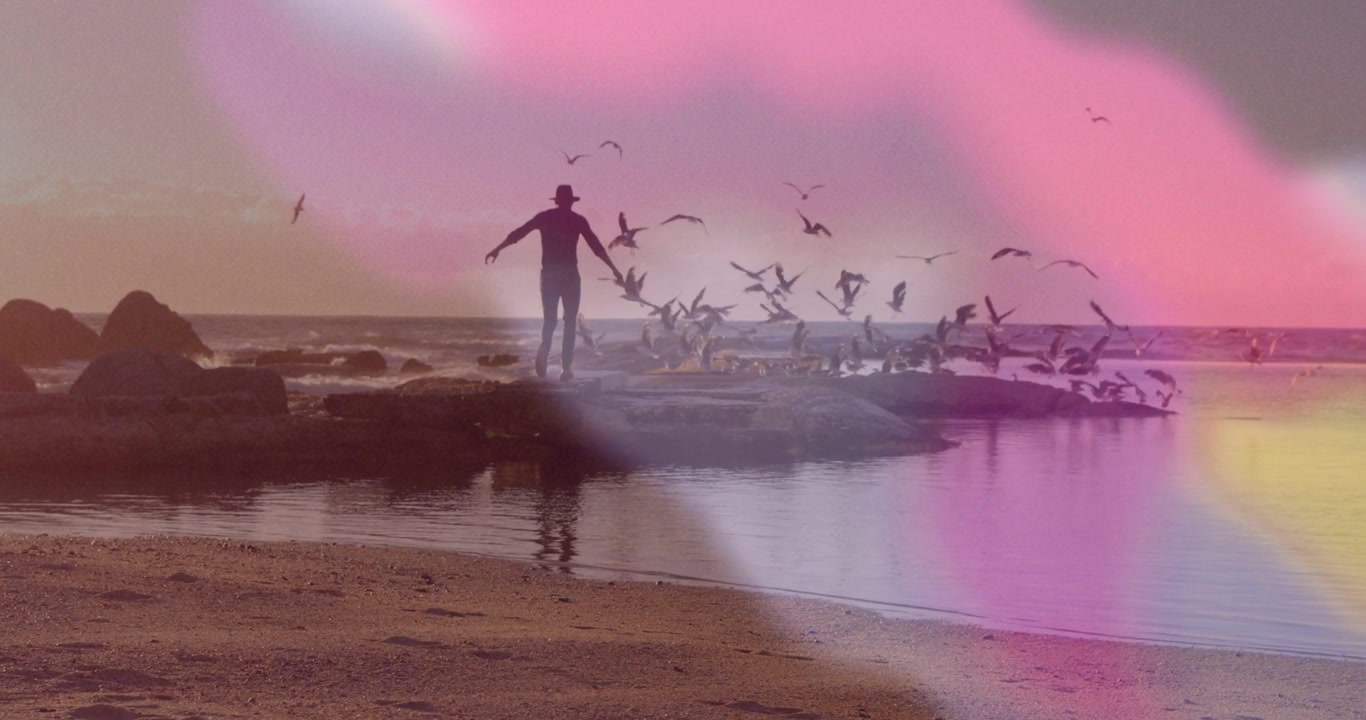 Man standing, raising arm and walking rocks, sending birds lifting right, pink yellow leak drifting