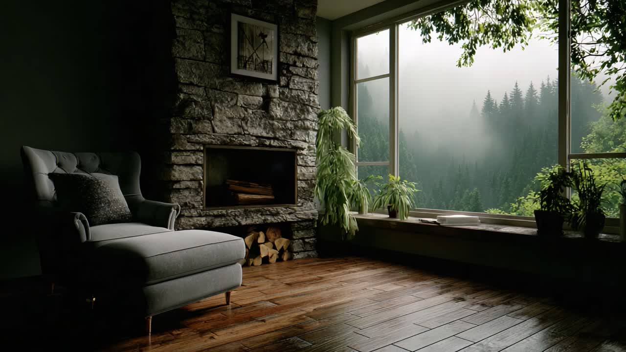 A Serene Living Room with a View: Embracing Nature's Beauty Through Large Windows Framed by Greenery and Cozy Furnishings in a Calming Atmosphere