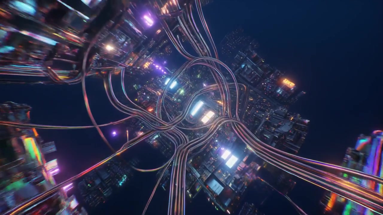 Futuristic Cyberpunk Cityscape with Glowing Neon Infrastructure and Aerial View