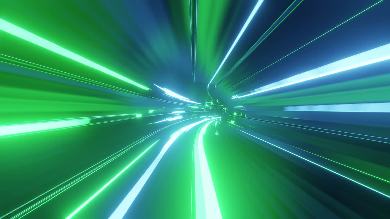 un túnel de alta tecnología abstracto en bucle de 4k con luces de neón, la cámara vuela a través del túnel, las luces de neon azul-verde parpadean. fondo de ciencia ficción al estilo de cyberpunk o futuro de alta tecnología. fondo 3