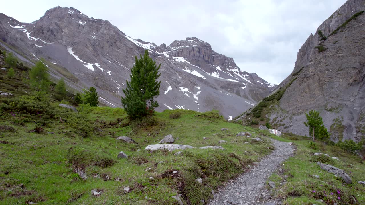 imágenes aéreas de drones volando a lo largo de un sendero de montaña remoto en un paisaje de montaña glacial con parches de nieve y árboles aislados en un prado alpino en suiza