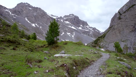 aerial drone footage flying along a remote mountain trail in a glacial mountain landscape with patches of snow and isolated trees in an alpine meadow in switzerland