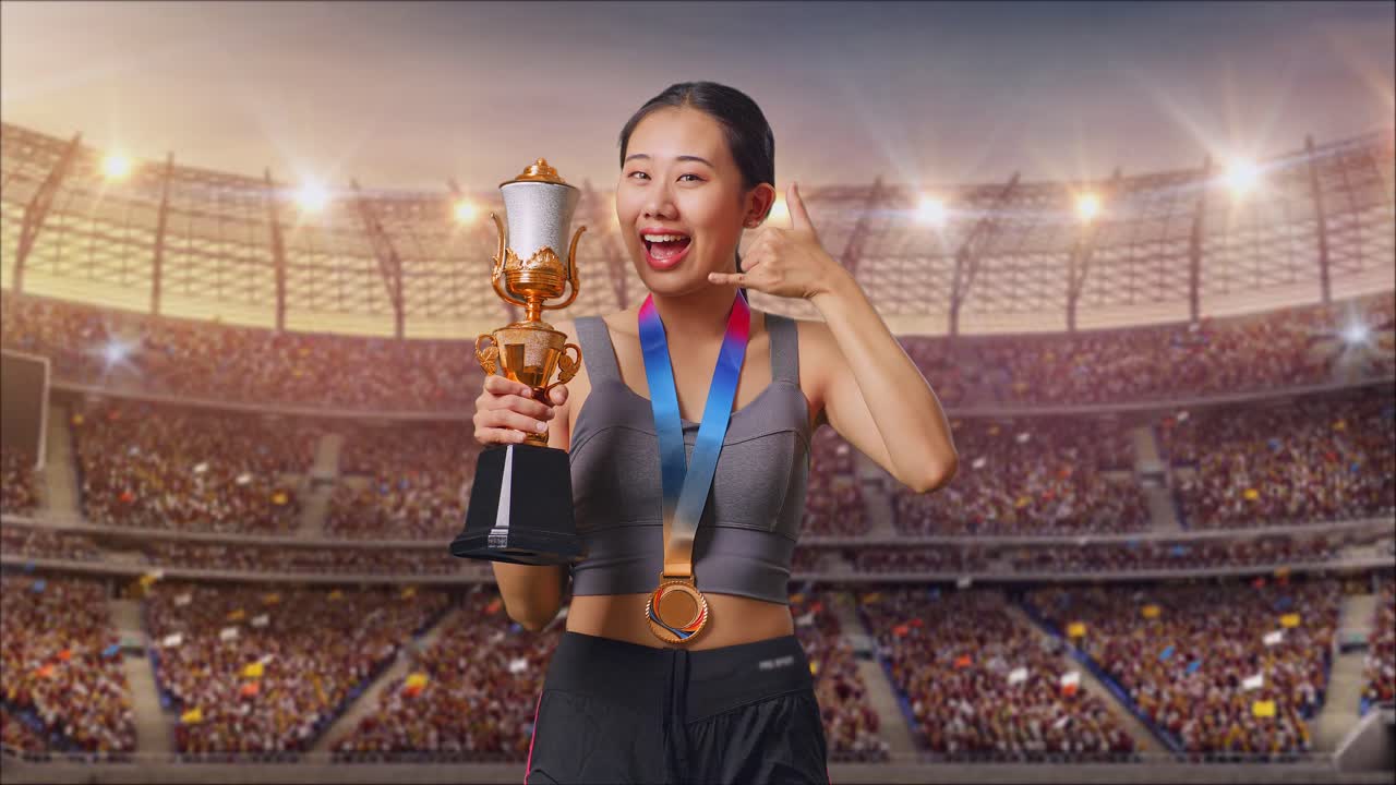 Woman Winner Holding Trophy in Stadium