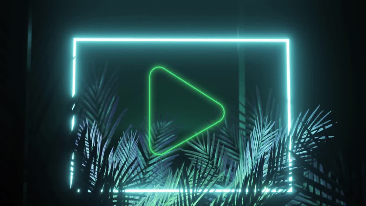 Animation of play icon over neon shape and leaves on black background