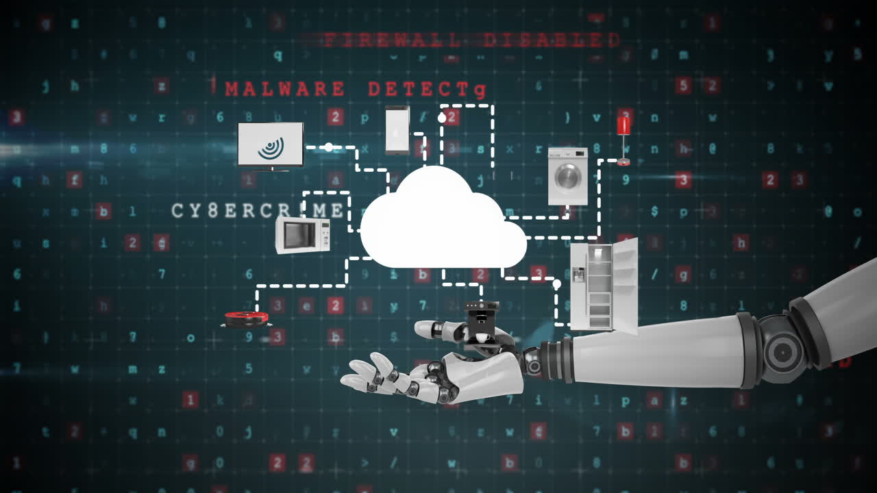 Robotic hand presenting digital cloud symbol surrounded with home appliance icons