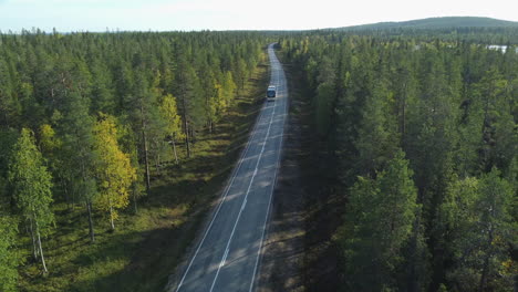 Bustransport:-Im-Herbst-Fährt-Der-Bus-Allein-Durch-Den-Hügeligen-Nadelwald