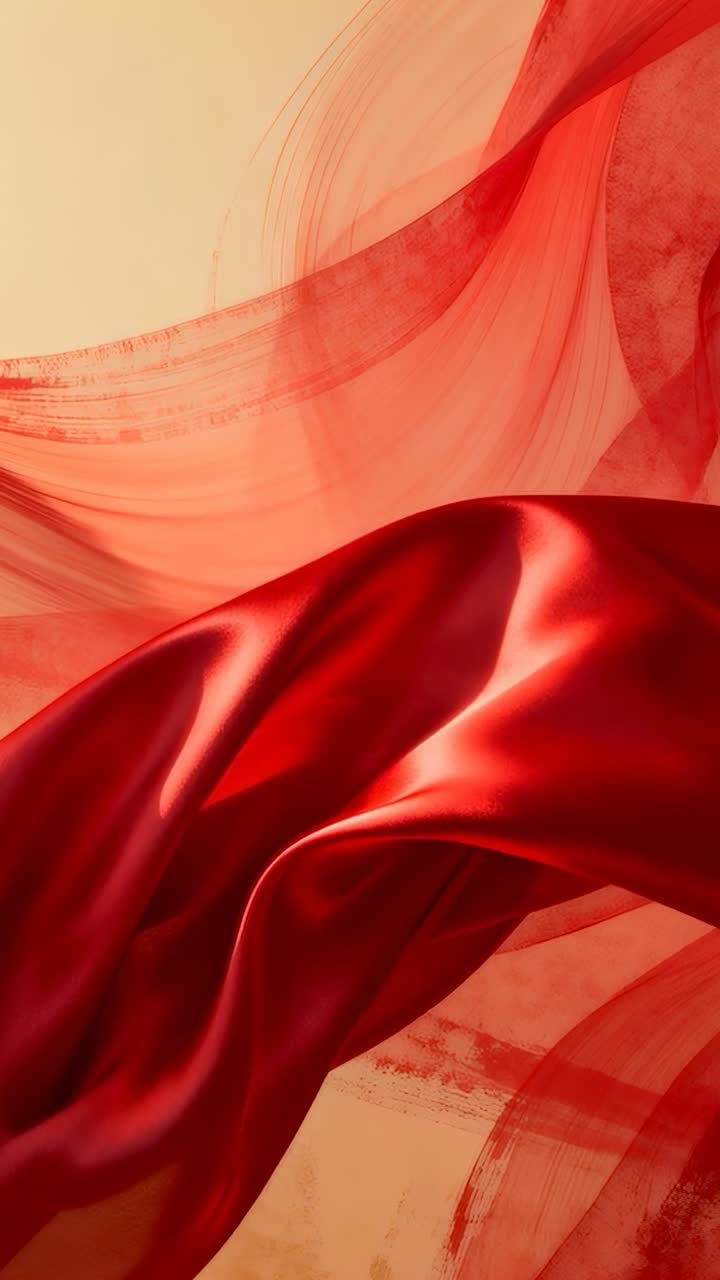Vertical video: Shifting red satin cloth rippling over beige canvas as frames advance for display