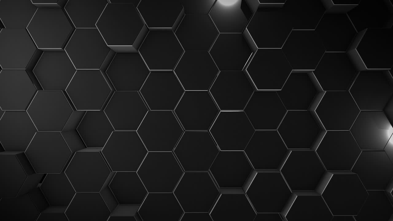 Black background with moving hexagonal cylinders. Abstract 3D animation. Geometric figures.