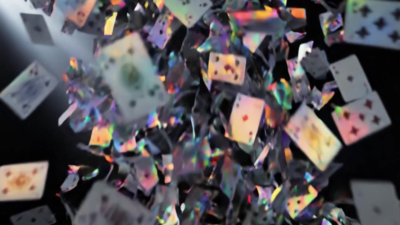 Una profusione di carte da gioco catturate in un fascio di luce, che creano uno spettacolo visivo spettacolare mentre fluttuano e cadono con grazia dall'alto.
