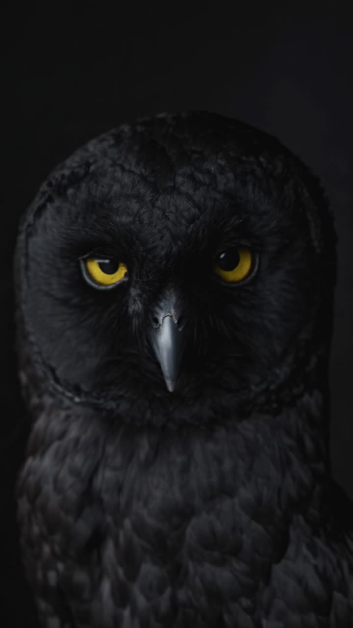 Close-up de uma coruja preta com impressionantes olhos amarelos sobre um plano de fundo escuro, capturada na altura dos olhos