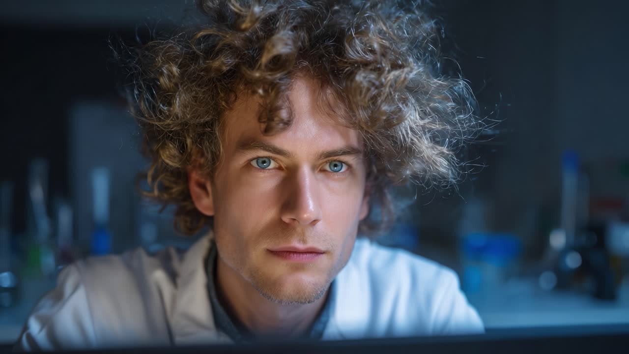 Focused Researcher Working Late at the Lab, Analyzing Data and Engaged in Scientific Inquiry with Intense Concentration and Curly Hair Under Low Light