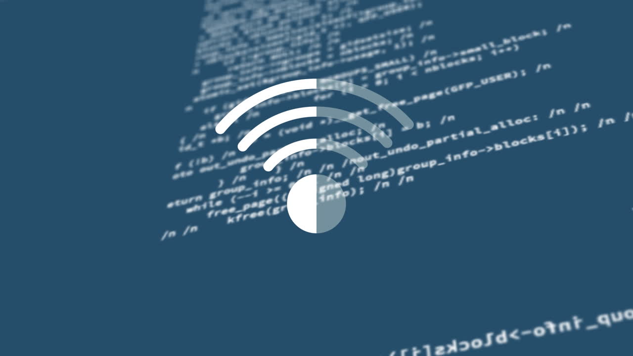 animación del icono wifi y procesamiento de datos digitales en fondo azul