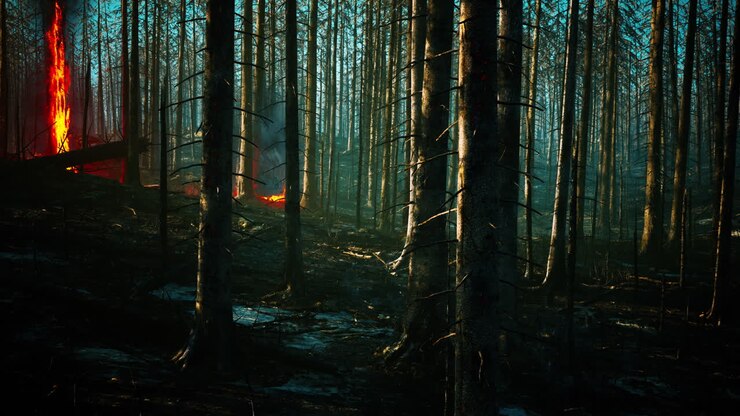 Forest fire with Burned trees after wildfire