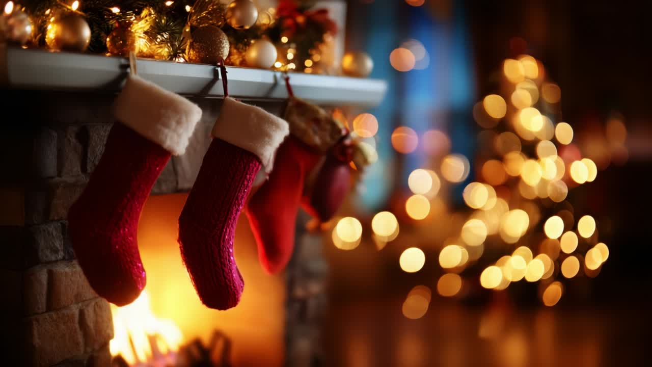 A Cozy Holiday Scene Featuring Colorful Stockings Hung by the Fireplace with Twinkling Lights and a Beautifully Decorated Christmas Tree in the Background, Creating a Warm Festive Atmosphere