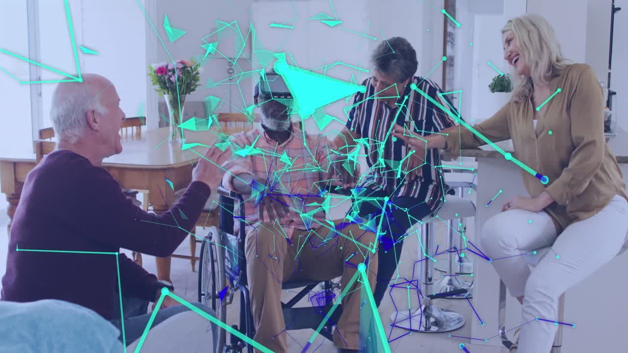 animación de formas sobre un grupo diverso de ancianos usando auriculares vr