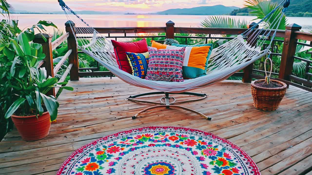 Relaxing Sunset Hammock on a Wooden Deck