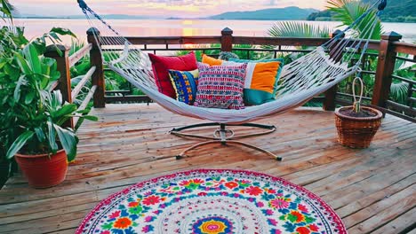 relaxing sunset hammock on a wooden deck