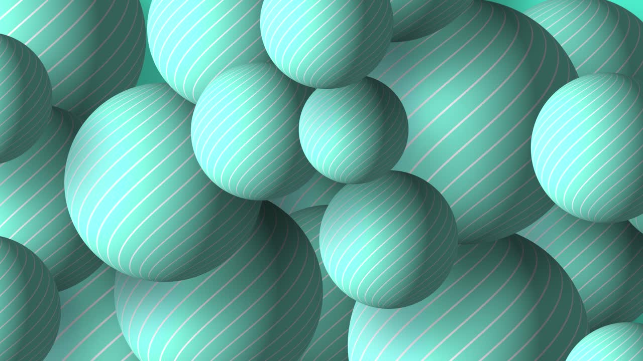 Slow motion 3D animation showing striped line work circular round balls moving on a gradient dynamic background visual effect patterns motion graphics abstract design colour way tones teal cyan aqua