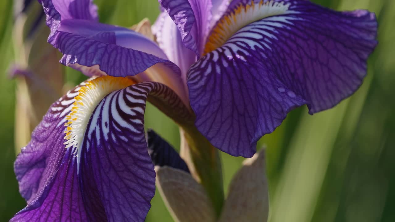 Close-up video angle of a vibrant purple iris flower, showcasing intricate petal patterns