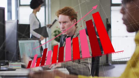 animation of financial graphs over caucasian man working with computer in office