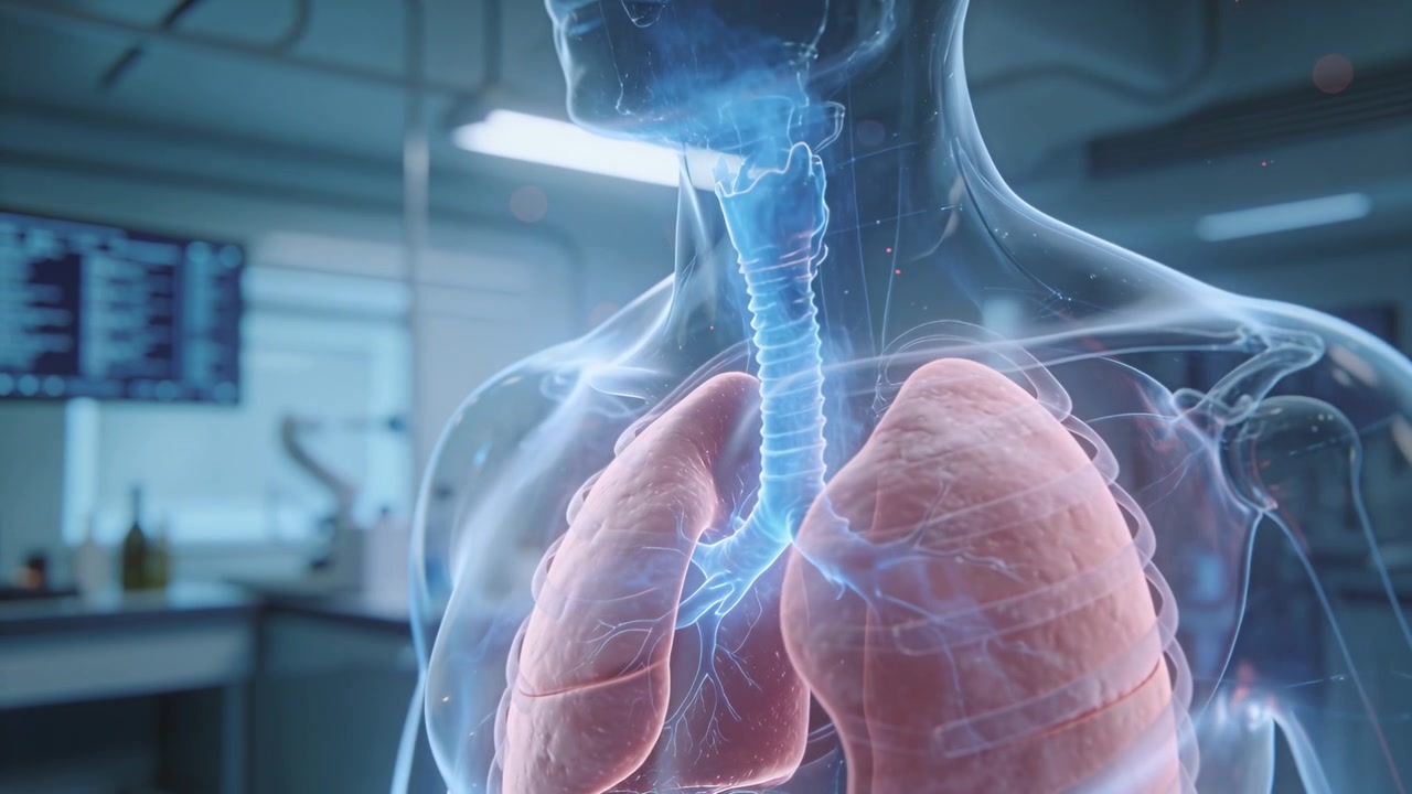 Telecamera rotante che avvia un modello di busto che ruota e zooma su un banco da laboratorio, rivelando una trachea luminosa