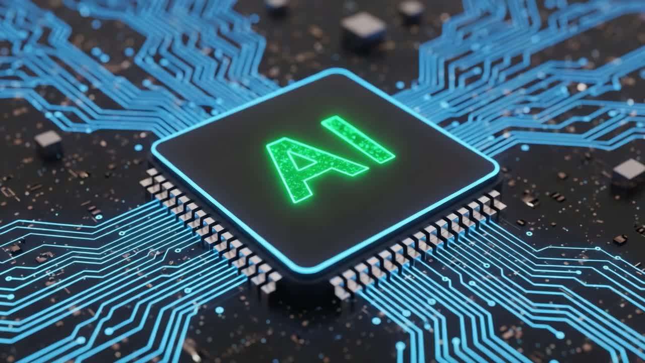 A Close-Up View of a Futuristic AI Microchip Surrounded by Intricate Circuitry, Highlighting the Cutting-Edge Technology Behind Intelligent Computing
