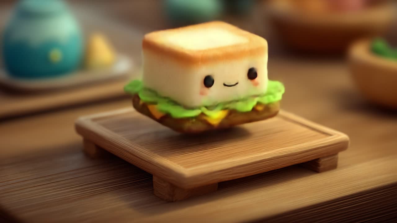 Adorável e Divertido Personagem de Sanduíche Animado Flutuando em uma Bandeja de Madeira Com Elementos de Fundo Coloridos, Capturando Capricho e Charme em Cada Detalhe