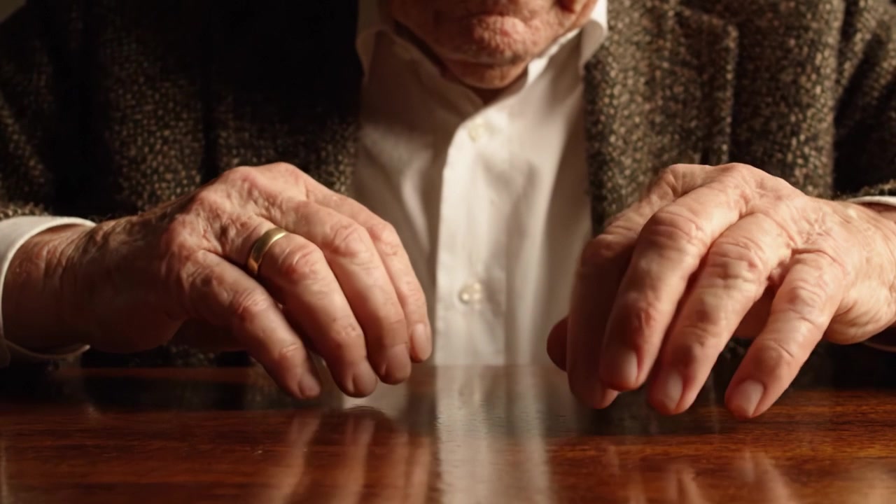 Un momento di riflessione: le mani invecchiate di un uomo anziano che riposano su un tavolo, a simboleggiare saggezza, esperienza e il passare del tempo.
