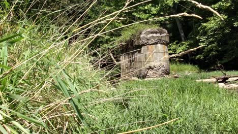 Toma-Deslizante-Del-Antiguo-Pilón-De-Puente-Derrumbado-En-Medio-Del-Río-Del-Bosque