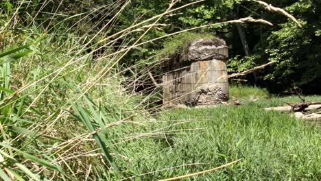 slider shot of old collapsed bridge pylon in middle of forest river
