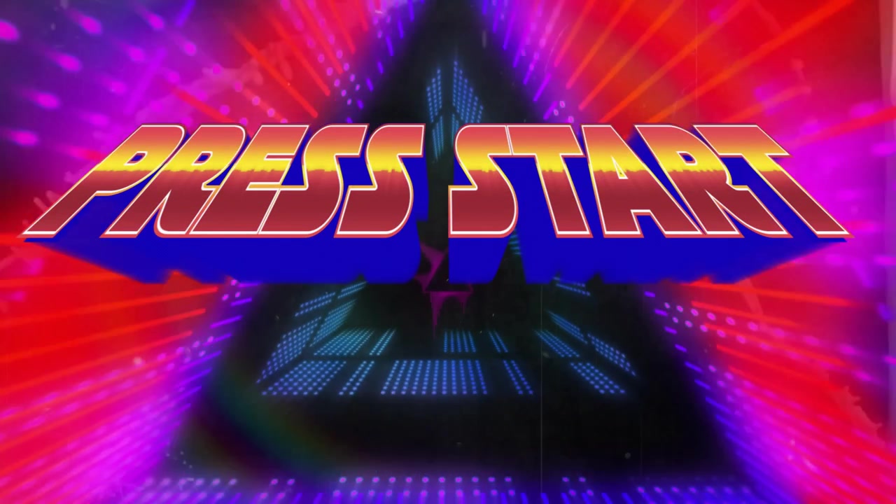 Grafica "Press Start" che si trasforma in una sfumatura su un pavimento a griglia pulsante, mentre un triangolo al neon guida l'utente