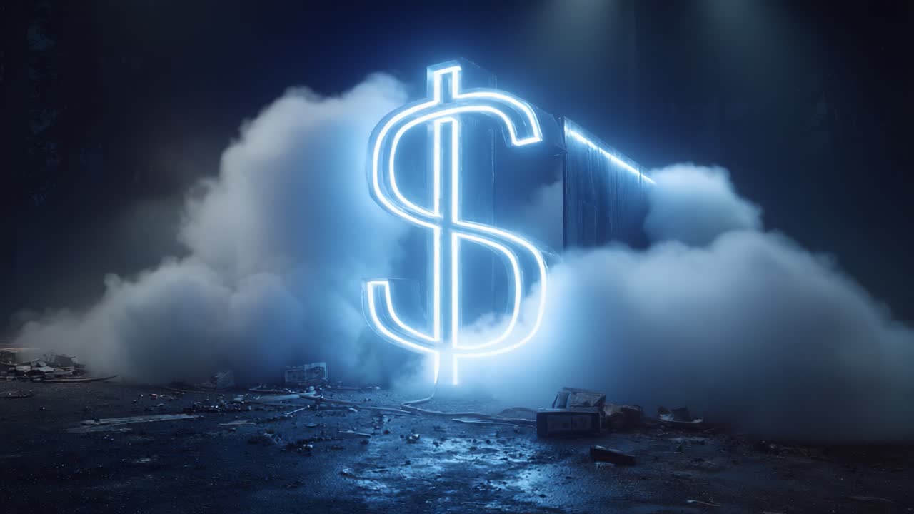 Simbolo del dollaro illuminato in un ambiente nebbioso, che evoca temi di ricchezza, prosperità e aspirazioni finanziarie in un contesto surreale.