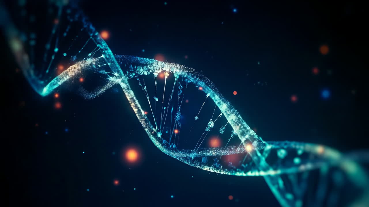 Studying human DNA structure. A close-up of a DNA double helix, highlighting its intricate structure and vibrant details against a dark background