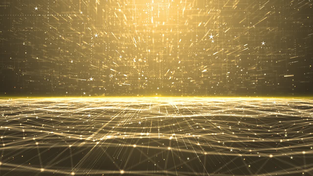 Glowing golden plexus waves dynamic grid star background radiating energy across futuristic space