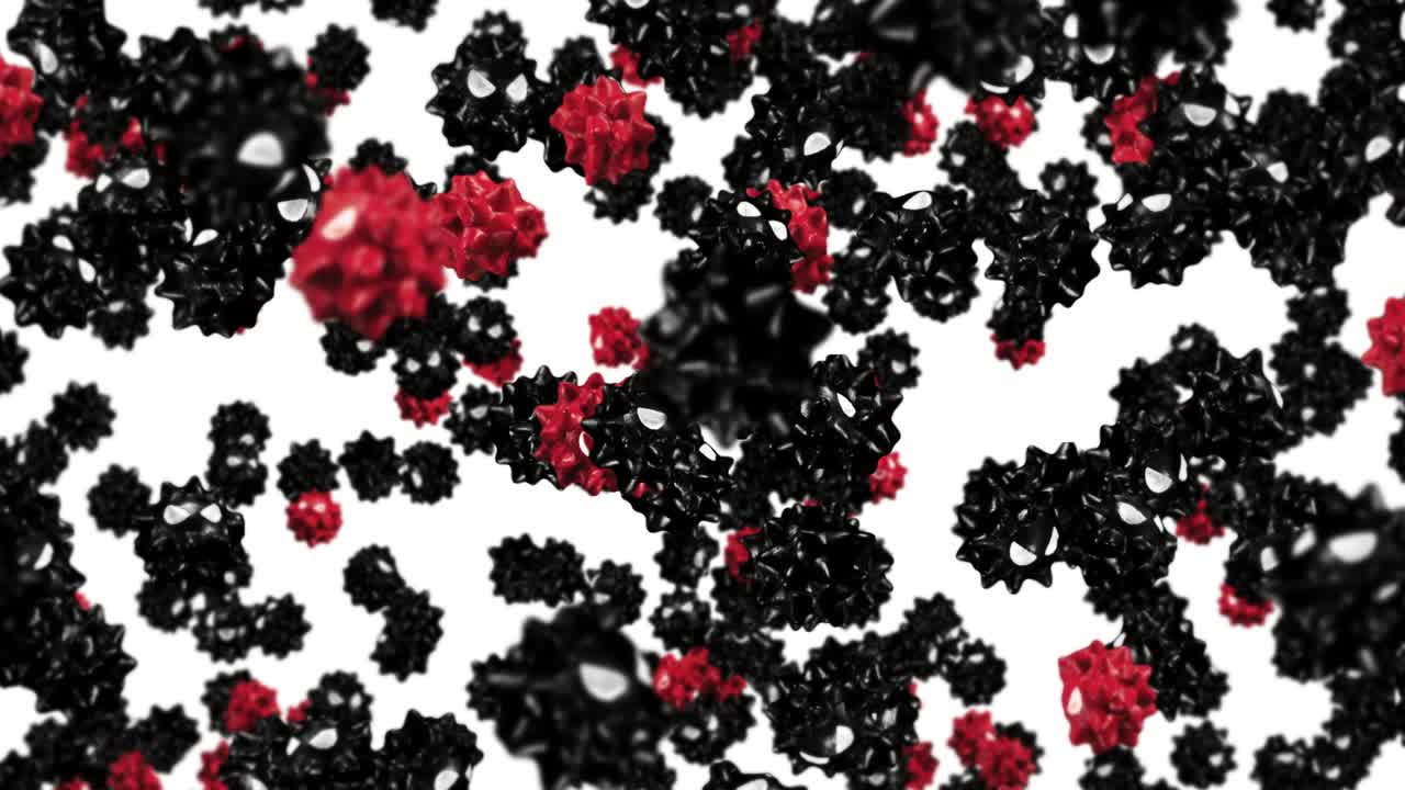 volando muchos virus en personaje de dibujos animados. rojo y negro. nueva cepa. variante. concepto médico. mascota de virus con enojado. animación de bucle 3d.