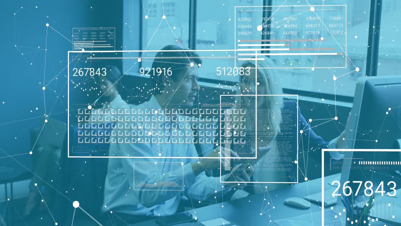 In office, business professionals analyzing digital data with animation overlay on screen