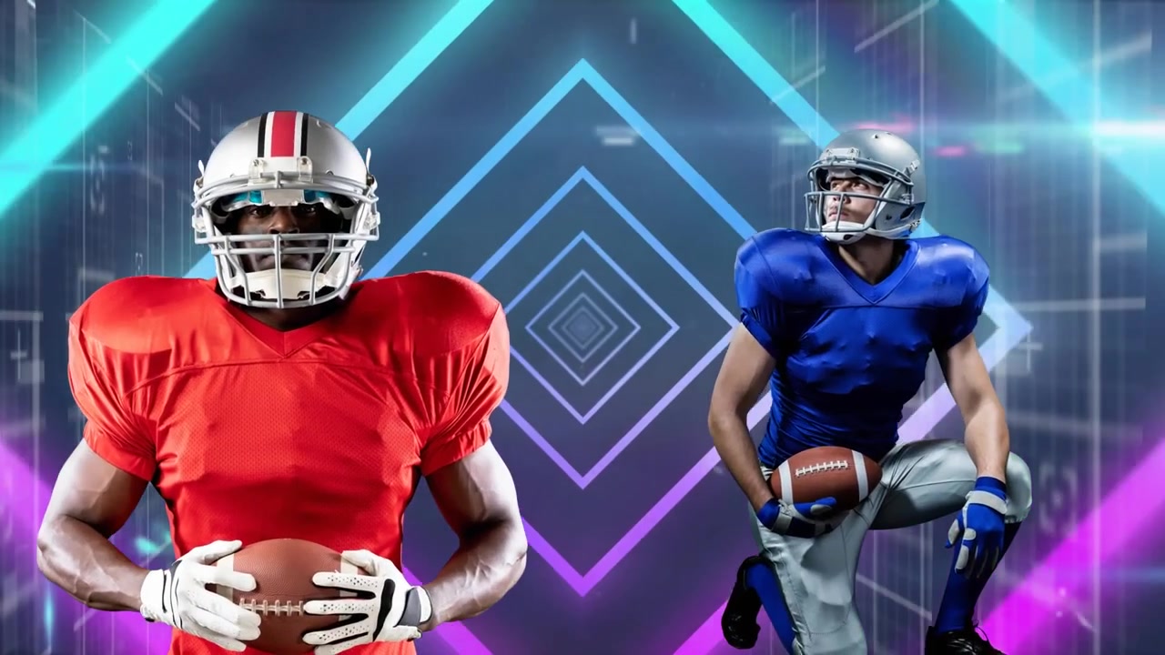 Animazione di giocatore di football americano che tiene la palla su scie luminose
