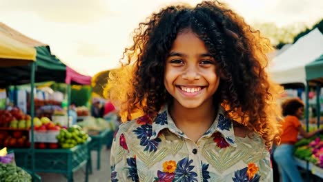 close up of a happy young girl smiling with curly hair at an outdoor farmers market. she is wearing a floral shirt and enjoying her time